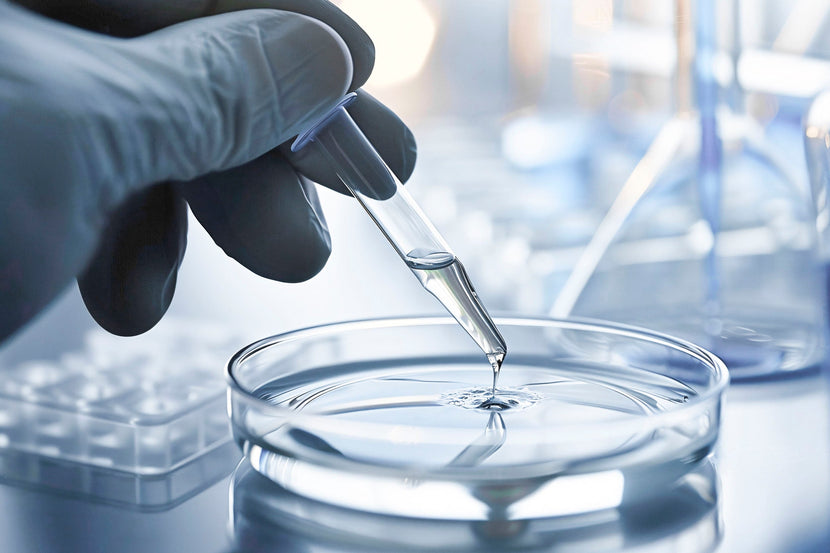 A gloved hand holding a pipette, with a liquid substance gently dripping into a clear dish